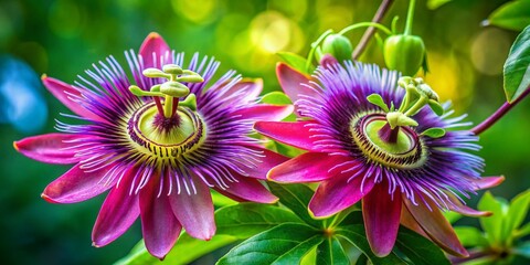 Vibrant Passion Flower Blossoms with Intricate Details Against a Soft Green Background in Nature