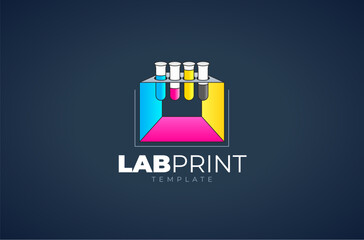 Fototapeta premium Logo Lab Print CMYK theme. Beaker with ink and cube. Template design vector. Black background.