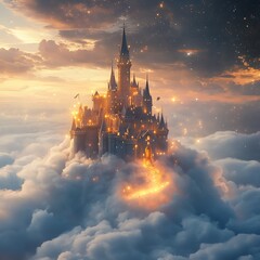 A majestic, ethereal castle floating in the clouds, surrounded by glowing, magical mist and distant stars