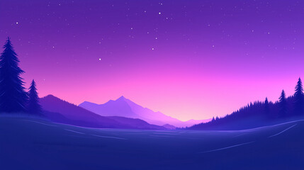 Mountain landscape at twilight with stars and purple sky