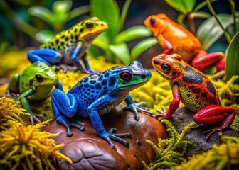 Naklejka premium Vibrant Poisonous Frogs in Their Natural Habitat Showcasing Nature's Colorful Yet Toxic Beauty