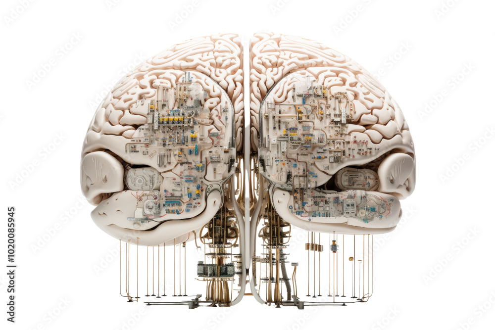 Aufkleber an intricate illustration of a brain with technological components, showcasing the fusion of biology