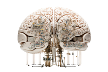 An intricate illustration of a brain with technological components, showcasing the fusion of biology and technology.