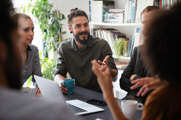 Happy software developers working on meeting, Programming advanced code artificial intelligence.