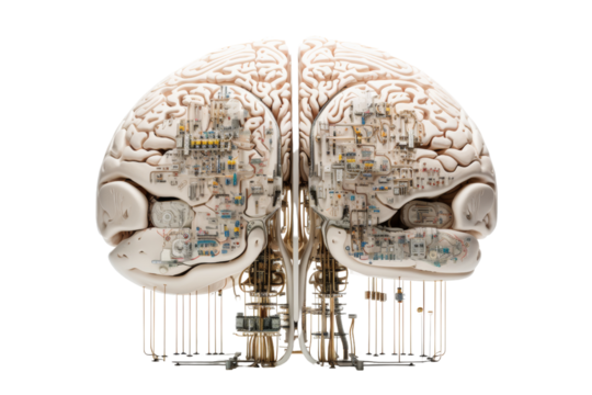 An intricate illustration of a brain with technological components, showcasing the fusion of biology and technology.