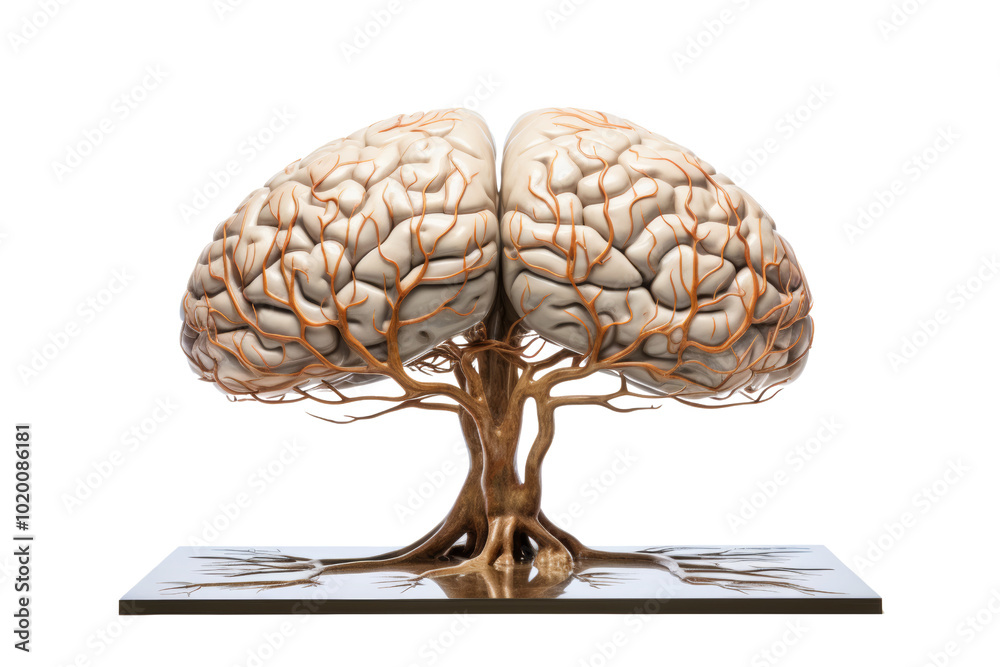 Poster Artistic representation of a tree resembling a human brain, symbolizing the connection between nature and intellect, white isolated background.