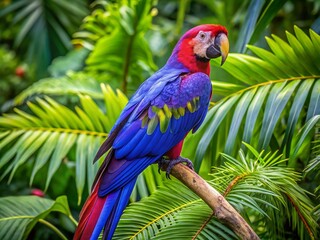 Obraz premium Vibrant Purple Macaw Perched on Branch Surrounded by Lush Green Foliage in Tropical Environment