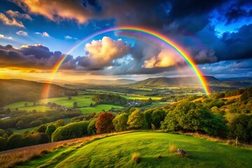 Naklejka premium Vibrant Rainbow Arching Over a Scenic Landscape with a Glimmering Pot of Gold at Its End