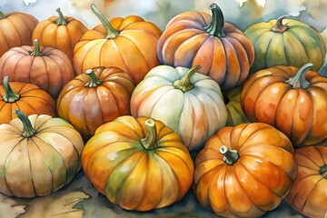 Watercolor hand drawn Lots of Pumpkin on white background