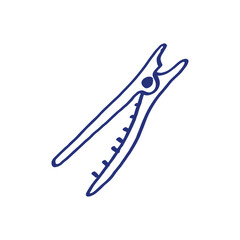 Hairclip. Hairdressing equipment. Professional hair dresser tool. Hand drawn sketch. Blue pen or marker drawing. Primitive kids picture. Vector illustration. Barber symbol