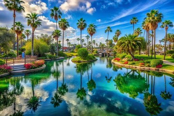 Obraz premium Vibrant Rainbow Lagoon Park in Long Beach with Lush Greenery and Tranquil Water Reflections