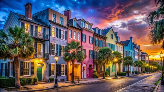 Vibrant Rainbow Row Painting of Historic Charleston Homes with Colorful Exteriors and Southern Charm