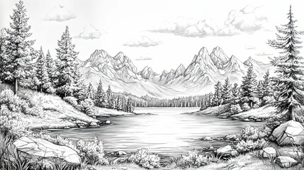 Black and White Sketch of a Mountain Lake Landscape