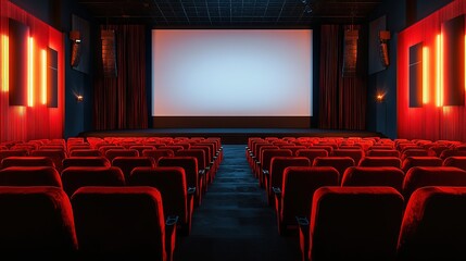 Fototapeta premium Row of seats and wide format mock up blank screen with stage, Cinema stage screen mockup