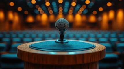 A well-lit conference podium set for an engaging public speech at a professional event, featuring a large screen and elegant lighting in the background