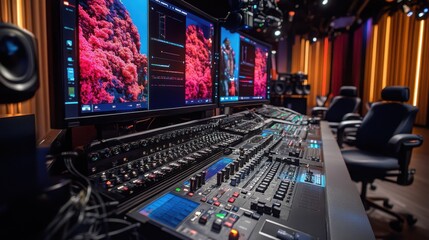 Obraz premium The broadcast room buzzes with activity as multiple screens display vibrant K-pop content, capturing the dynamic energy of a live production setup in real time.
