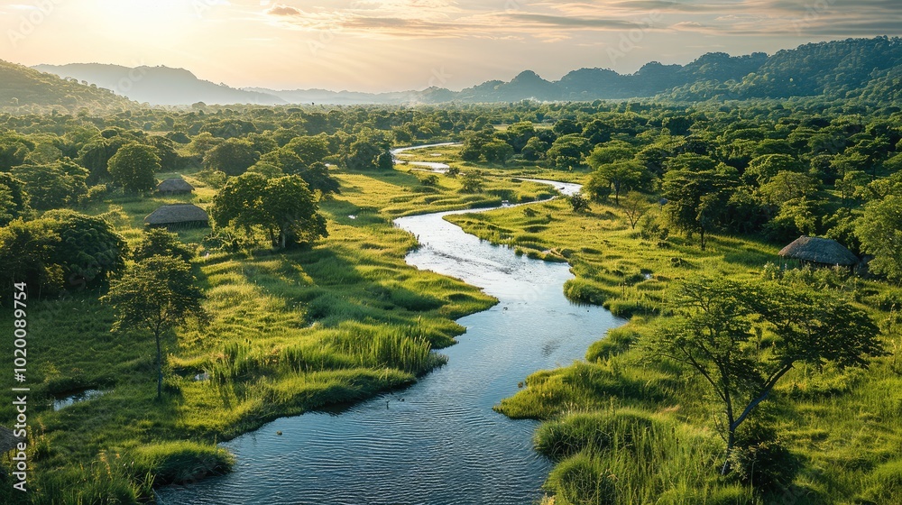 Poster green trees, a winding stream cuts through the fields, there are some villages on both sides of the 