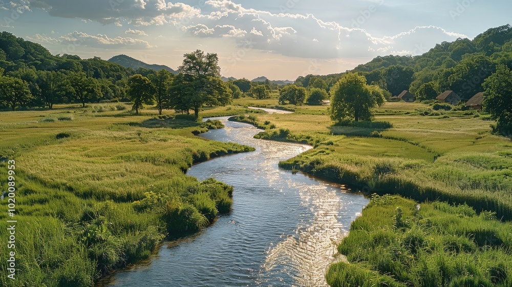 Poster green trees, a winding stream cuts through the fields, there are some villages on both sides of the 
