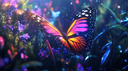 A neonlit butterfly with holographic wings fluttering in a digital forest