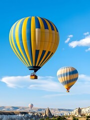 Obraz premium Two colorful hot air balloons soar against a bright blue sky, showcasing their vibrant stripes over a scenic landscape.