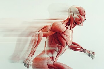 Muscular human body in dynamic running pose with motion blur.