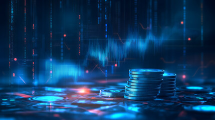Glowing blue money coins with business diagram graph chart background. AI generated image