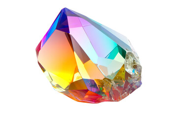 Colorful crystal gemstone, reflecting light, isolated on white background.