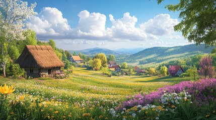 A peaceful countryside scene with rolling hills, a small village with thatchedroof houses, and fields of blooming flowers