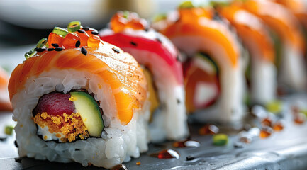 Maki rolls with colorful fillings of fish and vegetables.
