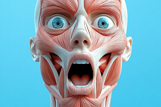 Detailed muscle anatomy of human face on blue background