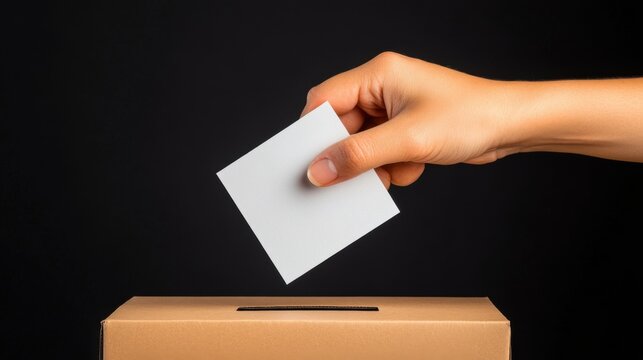 Close-up of a hand casting a vote by inserting a paper ballot into a slot of a cardboard voting box. the image portrays a democratic voting process, emphasizing participation and civic duty against a