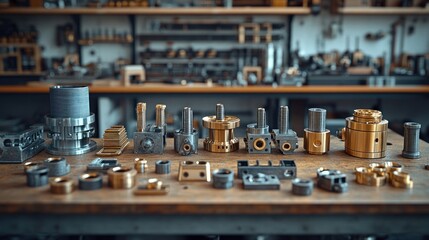 Collection of precision metal components on a workshop table.