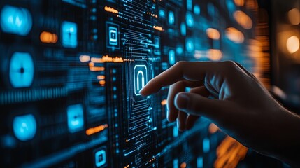 Obraz premium Hand Interacting with a Blue Glowing Unlock Icon on a Screen with a Dark Background and Digital Interfaces