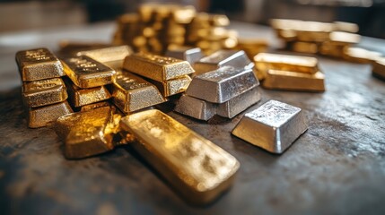 Gold and silver bars are arranged on a table, representing an investment in precious metals for the purpose of storing value and providing security."