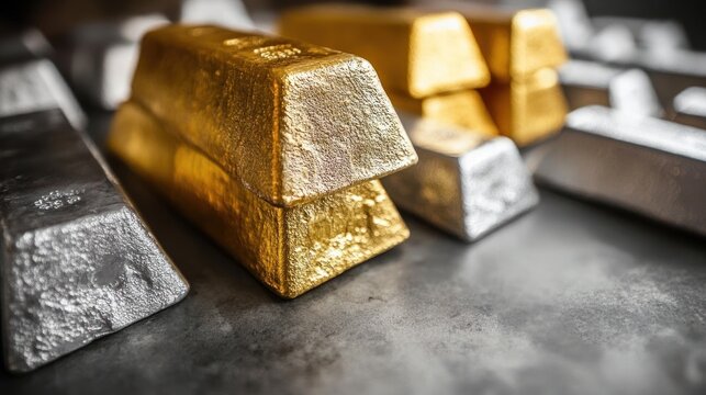 Gold and silver bars are arranged on a table, representing an investment in precious metals for the purpose of storing value and providing security."