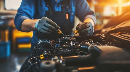 An engine that has been disassembled to replace parts. A mechanic is inspecting and repairing it to get it running properly again."