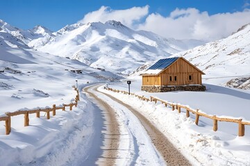 A serene winter landscape featuring a wooden cabin surrounded by snow-covered mountains and a winding road.
