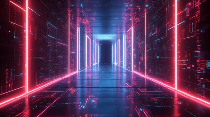 Neon Lights Illuminating a Digital Corridor