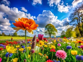 Obraz premium Vibrant Spring Background with Colorful Flowers Blooming in a Lush Green Landscape Under Blue Sky