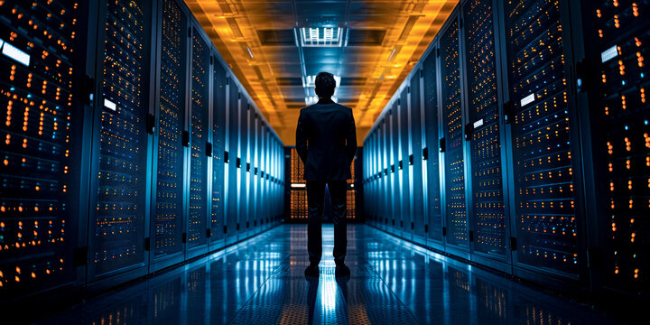 professional standing in secure server room, surrounded by rows of servers, illuminated by blue and orange lights, conveys sense of technology and security
