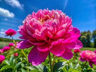 Fototapeta premium Vibrant State Flower of Indiana: The Peony Blooming in a Natural Setting Under Clear Blue Skies