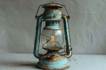 Antique kerosene lamp isolated on white background, showcasing front view of vintage illumination