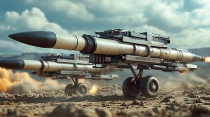 A close-up of missile launchers on a rugged terrain, showcasing military technology.