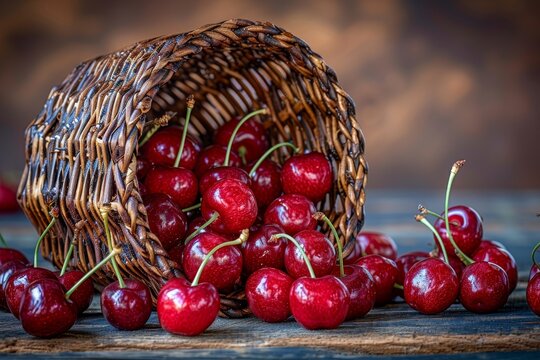 Close up of a small woven basket filled with cherries spilled on rustic wooden background