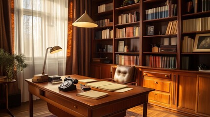 A retro study room with a rotary telephone, a wooden desk, and classic bookshelves