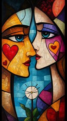 Fragmented Hearts: A Colorful Cubist Painting Inspired by Love