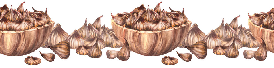Watercolor dried figs in wooden bowl Dry fruit harvest. Seamless border, pattern. Vegan sweet snacks Food label. Plant clipart for product package. Hand drawn illustration on Isolated white background