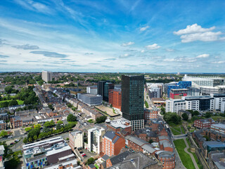 High Angle View of Central Newcastle City from River Tyne at Northern England United Kingdom. July 19th, 2024, Drone's Camera Footage.