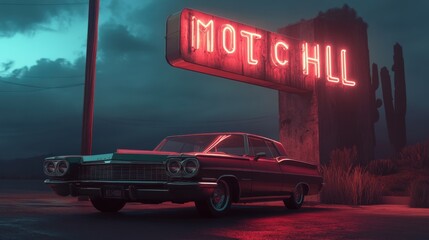 A vintage car parked under an old neon motel sign, with a soft glow from the lights creating a sense of mystery