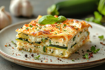 commercial photography: a zucchini lasagne, eclectic style, lots of copy space